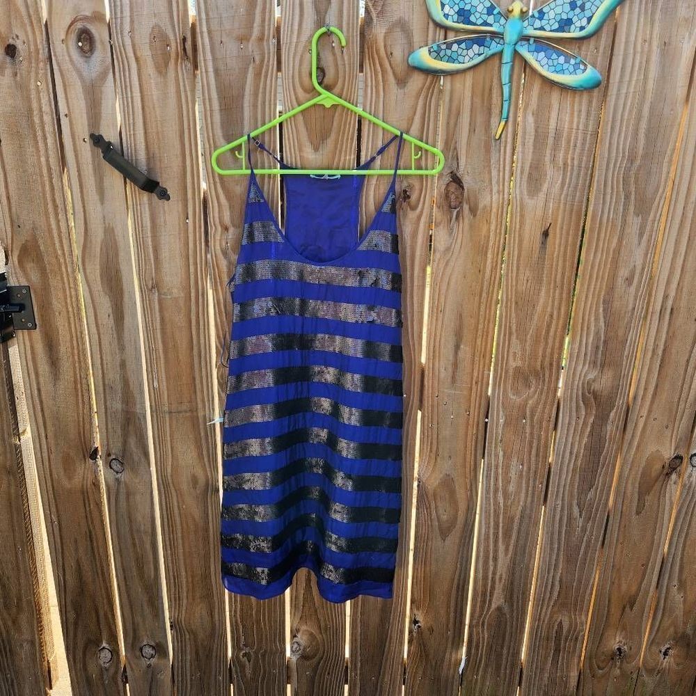 Strenesse Royal Blue Black Sequin Stripe Tank Strappy Dress NWT Women's Size 6 1